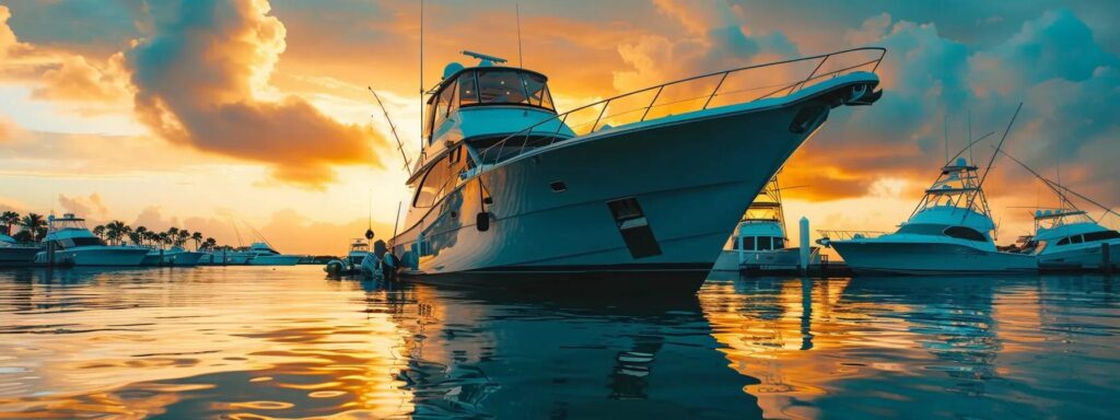 a stunning, modern sportfishing yacht with a mirror-like black hull is docked in a calm tropical marina in stuart, florida, reflecting the golden hour sunlight and showcasing its pristine, freshly detailed exterior against the crystal-clear turquoise water.
