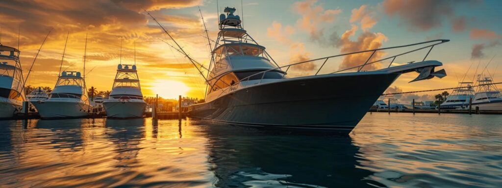 a stunning sportfishing yacht with a mirror-like black hull is docked in a serene marina in stuart, florida, showcasing its pristine detail against the backdrop of crystal clear turquoise water as warm sunlight reflects off polished chrome railings, all captured in hyper-detailed, photorealistic quality during the golden hour.