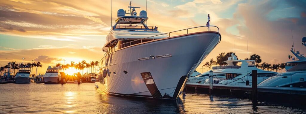 a luxurious white and navy yacht gleams under the bright sun at a polished marina in stuart, fl, as uniformed detailers expertly buff the surface, embodying the elite craftsmanship of marine detailing amid a vibrant coastal atmosphere.