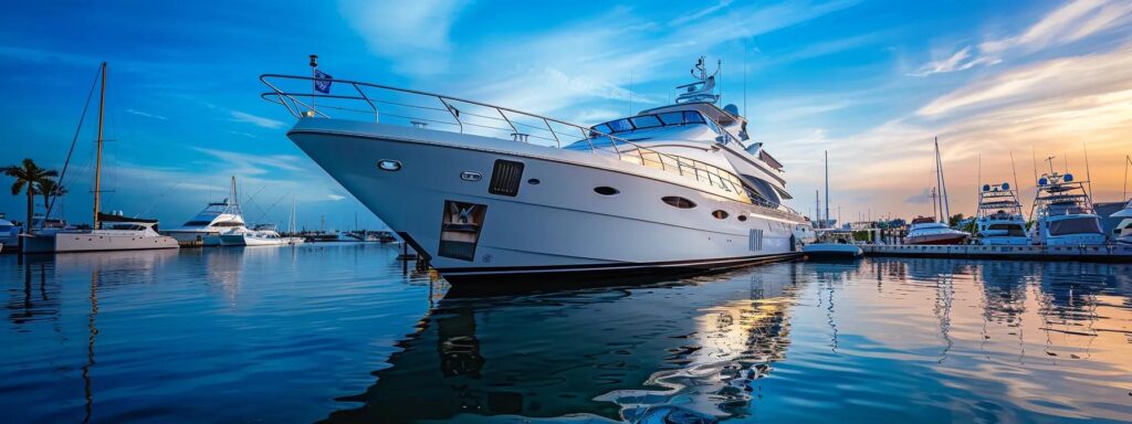 a luxurious white and navy yacht gleams in the vibrant marina of stuart, fl, as uniformed marine detailers expertly buff its polished hull, reflecting a commitment to quality and sophisticated coastal elegance amidst a backdrop of blue skies and calm waters.