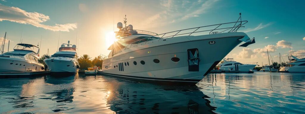 a luxurious white and navy yacht gleams under the bright sun at a bustling marina in stuart, fl, where professional marine detailers expertly polish its refined surface, creating an atmosphere of upscale networking and elite craftsmanship in the heart of a vibrant coastal setting.