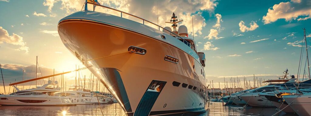 an elegant luxury yacht, gleaming under the bright sun at a bustling marina, is meticulously polished by uniformed marine detailers, encapsulating the high standards of elite boat shows and the dedication to exceptional presentation.