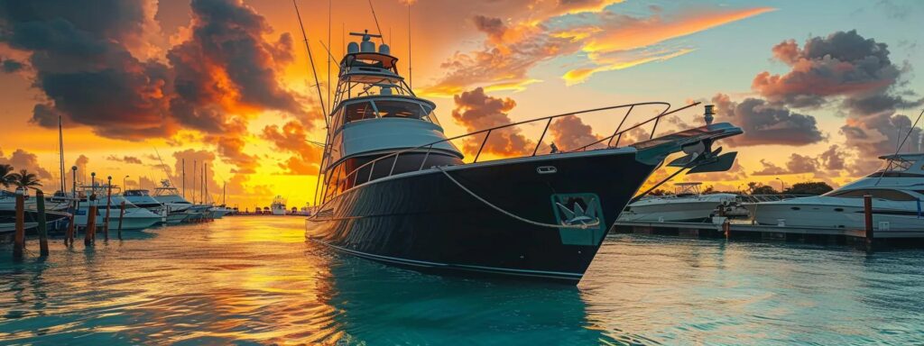 a breathtaking, freshly detailed sportfishing yacht with a mirror-like black hull is docked in a sleek tropical marina at sunset, showcasing the vibrant turquoise water and glistening chrome railings, embodying the effortless luxury of booking marine detailing services in jupiter, fl.