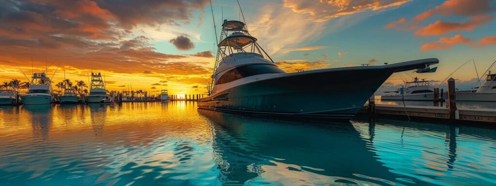a breathtaking sportfishing yacht with a mirror-like black hull is docked in a tranquil marina, showcasing its pristine condition during the golden hour as the crystal-clear turquoise water reflects the sun's warm glow on its polished chrome railings.