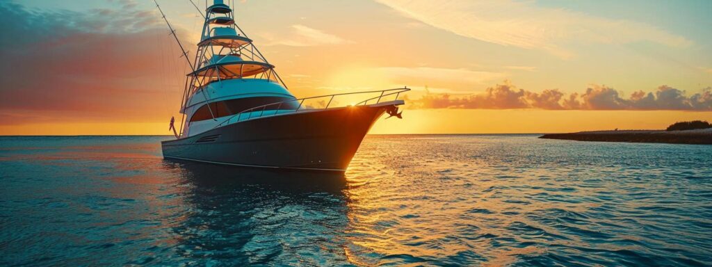 a pristine, modern sportfishing yacht with a mirror-like black hull is docked in a vibrant marina at sunset, showcasing its meticulous detailing and gleaming chrome railings against the backdrop of crystal-clear turquoise waters.