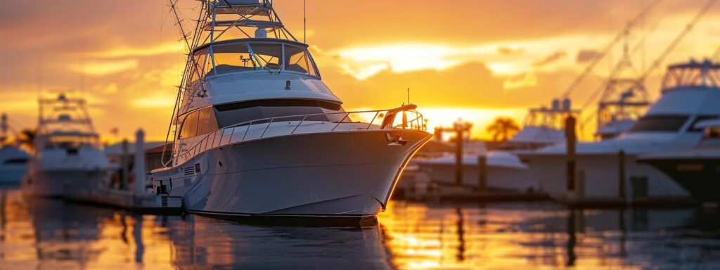 a pristine, sleek sportfishing yacht with a mirror-like black hull stands docked in a contemporary marina, illuminated by the golden hour's warm glow, showcasing the benefits of mobile detailing in a strikingly upscale environment.