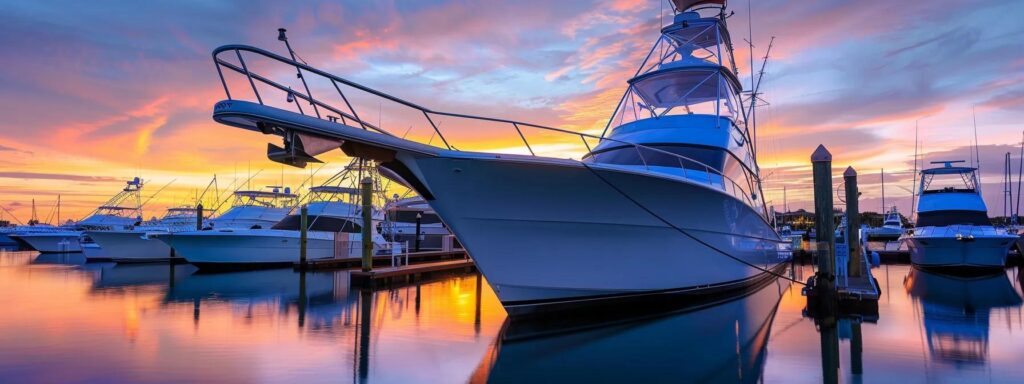 a sleek, meticulously detailed sportfishing yacht with a mirror-like black hull is docked in a vibrant marina, showcasing the shimmering turquoise water and glinting chrome railings under the warm golden hour light, illustrating the impact of high-quality detailing products and equipment on luxury marine services.