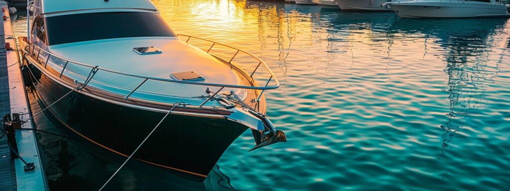 a sleek, meticulously polished sportfishing yacht with a mirror-like black hull reflects the golden hour light in a tranquil marina, showcasing glistening chrome railings and vibrant turquoise waters, emphasizing the contrast between the pristine boat surface and the serene setting.