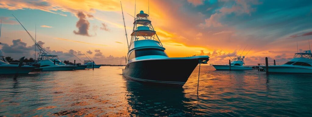 a sleek, modern sportfishing yacht with a pristine black hull glistens in a tranquil marina, where the golden hour light dances on the crystal-clear turquoise waters, showcasing meticulous boat maintenance in a vibrant tropical setting.