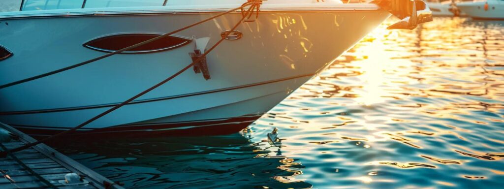 a sleek, modern sportfishing yacht with a mirror-like black hull is meticulously docked in a tranquil marina at golden hour, showcasing its polished chrome accents against the crystal-clear turquoise waters, epitomizing the elegance of proper winterization practices in a vibrant coastal setting.