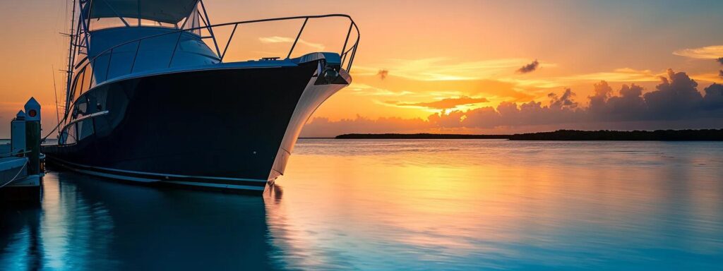 a sleek, modern sportfishing yacht with a mirror-like black hull is expertly detailed and docked in a vibrant tropical marina at sunset, where crystal clear turquoise waters reflect the warm glow of the golden hour and the polished chrome railings shine brilliantly.