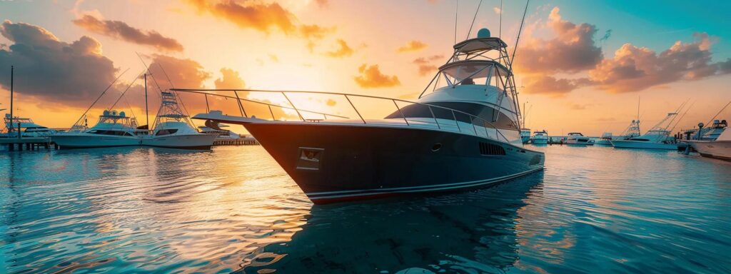 a sleek, modern sportfishing yacht with a mirror-like black hull is docked in a tranquil marina at golden hour, reflecting the warm sunlight off polished chrome railings and showcasing its stunning detail against the vibrant turquoise water, emphasizing the premium quality of specialty services like ceramic coating and oxidation removal.