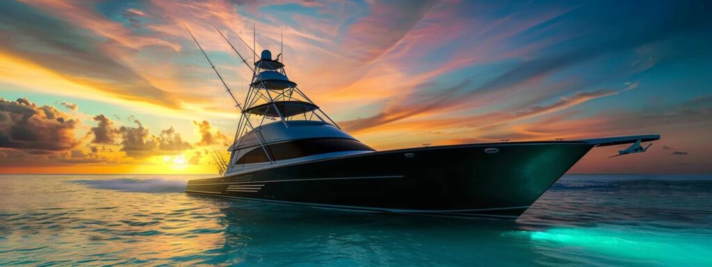 a sleek, modern sportfishing yacht with a mirror-like black hull glistens in a tropical marina at golden hour, showcasing its immaculate detailing as glimmers of sunlight dance off the polished chrome railings and the crystal-clear turquoise water reflects the vibrant scene.