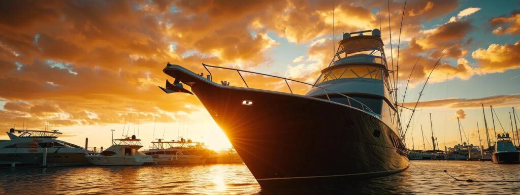 a sleek, modern sportfishing yacht with a mirror-like black hull gleams under the warm golden hour sunlight, docked in a pristine tropical marina, showcasing the expertise of professional detailing services through its immaculate finish.