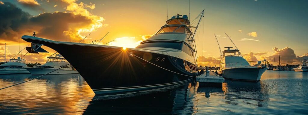 a sleek, modern sportfishing yacht with a mirror-like black hull is docked in a pristine tropical marina, showcasing its stainless steel details and shimmering chrome railings, illuminated by the warm, golden hour sunlight.