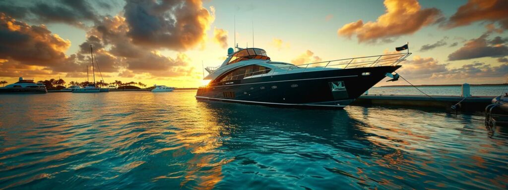 a sleek, modern sportfishing yacht, gleaming with a mirror-like finish on its black hull, is docked in a vibrant tropical marina, with crystal clear turquoise waters reflecting the golden hour sunlight, showcasing the impact of meticulous detailing on vessel maintenance.