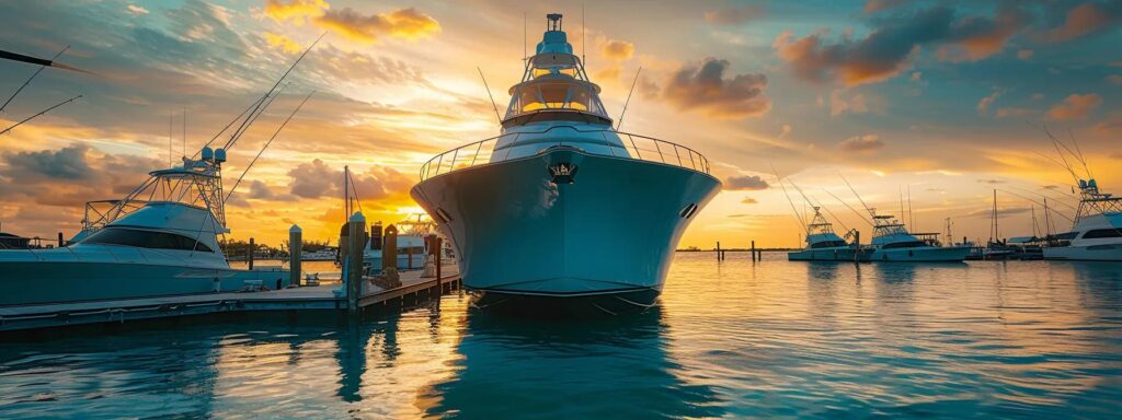 a sleek, modern sportfishing yacht with a mirror-like black hull gleams in the golden hour at a tropical marina in stuart, florida, with crystal-clear turquoise waters reflecting the glint of polished chrome railings, emphasizing the importance of summer boat maintenance.
