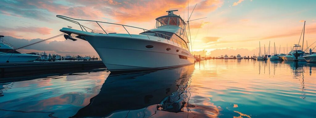 a sleek, modern sportfishing yacht with a mirror-like black hull gleams under the warm golden hour sun, docked in a tranquil marina where crystal-clear turquoise waters reflect the polished chrome railings, highlighting the importance of regular marine detailing for optimal boat performance and aesthetic appeal.