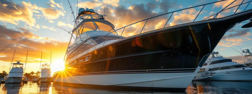 a sleek, modern sportfishing yacht with a mirror-like black hull, freshly detailed and glistening under the golden hour sun, is docked in a pristine tropical marina in stuart, florida, showcasing the shimmering turquoise water and polished chrome accents in stunning photorealistic detail.