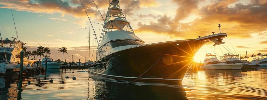 a sleek, modern sportfishing yacht with a flawless, mirror-like black hull is docked in a serene tropical marina in stuart, florida, illuminated by the golden hour's warm sunlight, showcasing the pristine turquoise waters and glistening polished chrome accents for a captivating visual of maritime excellence.