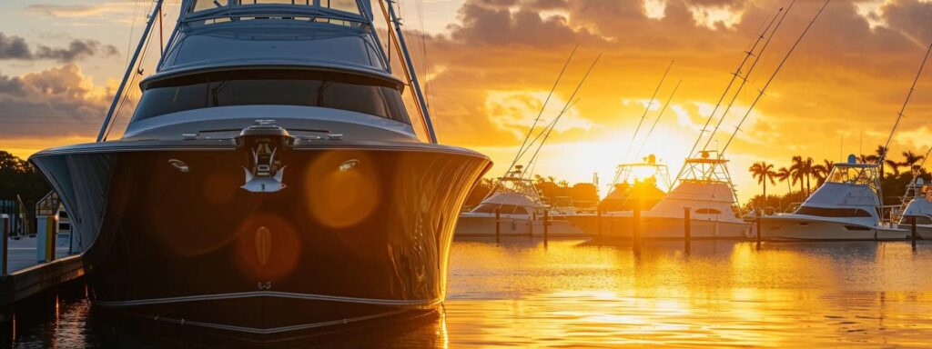a sleek, modern sportfishing yacht with a mirror-like black hull glistens in the golden hour at a pristine marina in stuart, florida, showcasing the meticulous detailing and polished chrome, embodying the exceptional value and quality of marine detailing services.