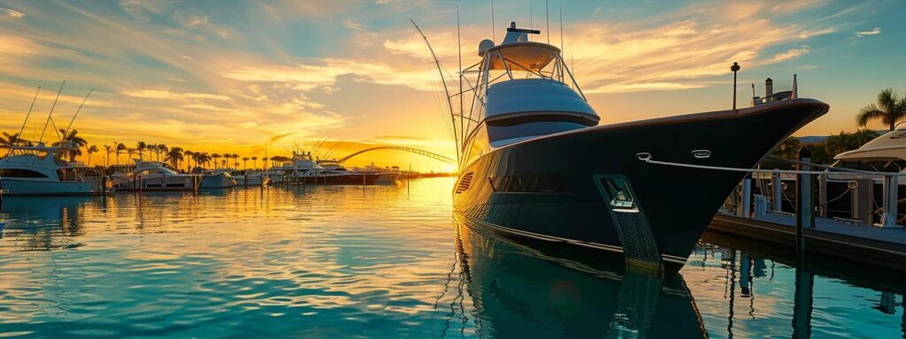 a striking, hyper-detailed photograph of a modern sportfishing yacht with a gleaming black hull, docked in a vibrant, tropical marina in stuart, florida, during golden hour, showcasing the crystal-clear turquoise water and polished chrome railings reflecting warm sunlight.