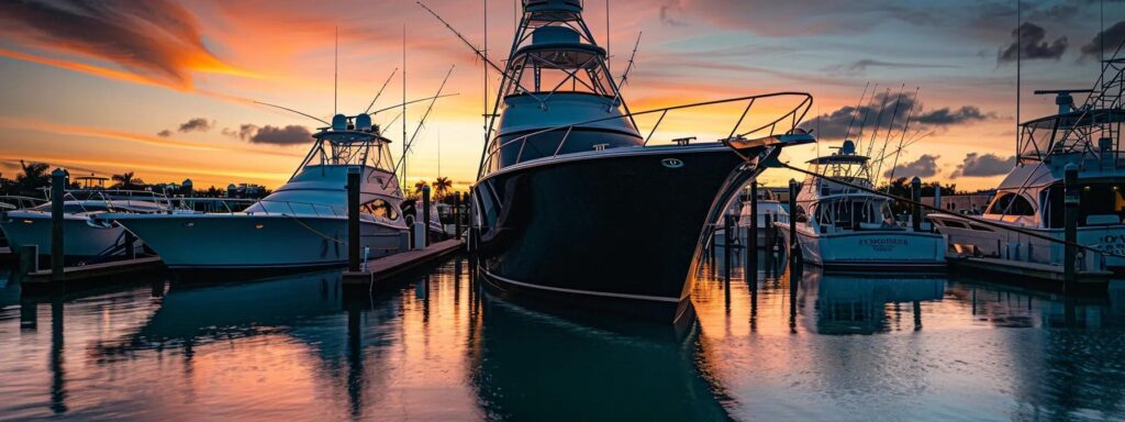 a stunning, freshly detailed sportfishing yacht with a mirror-like black hull is docked in a tranquil marina, illuminated by the golden hour's light, showcasing its polished chrome railings and the crystal-clear turquoise water reflecting the luxurious craftsmanship of jensen beach boat cleaning services.