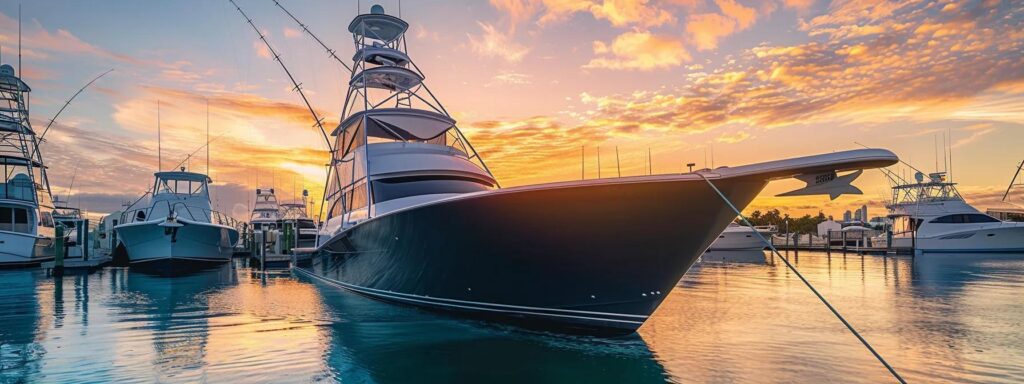 a stunning modern sportfishing yacht with a flawless black hull is docked in a sleek tropical marina in stuart, florida, showcasing the intricate details of its polished chrome and reflecting the warm golden hour light on crystal clear turquoise water, emphasizing the significance of boat size in detailing costs.