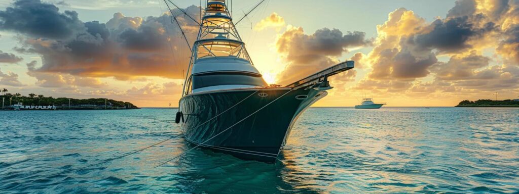 a stunning sportfishing yacht with a mirror-like black hull, docked in a tropical marina during golden hour, showcases impeccable detailing and shines against the crystal-clear turquoise water that reflects the warm sunlight on its polished chrome railings.